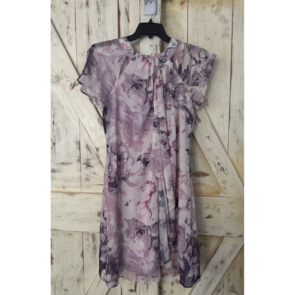 SLNY Fashion Women's Purple Lilac Printed Embellished Pearl Neckline Dress 8